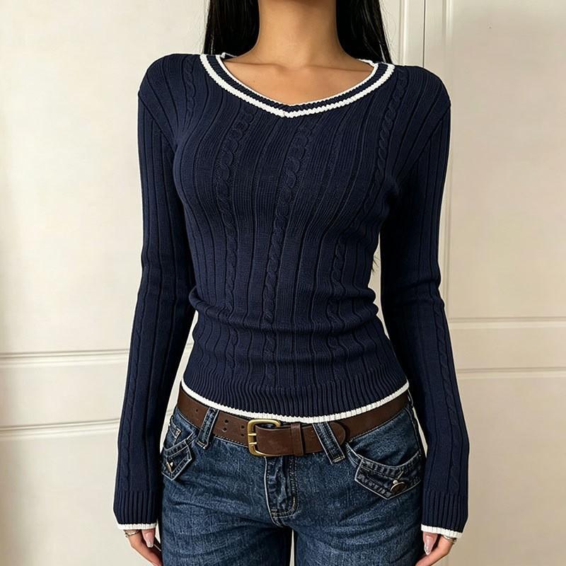Womens V-Neck Cropped Cable Knit Sweater Slim Fit Long Sleeve Winter Top