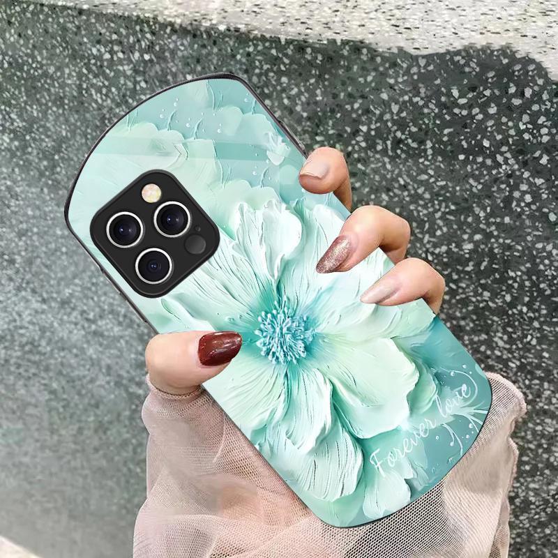 Plants in Oil Painting For iPhone 16 15 14 Pro 13 Plus 12 mini 11 13Pro Max XR X S 7 8 6 Elliptical Tempered Glass Phone Case