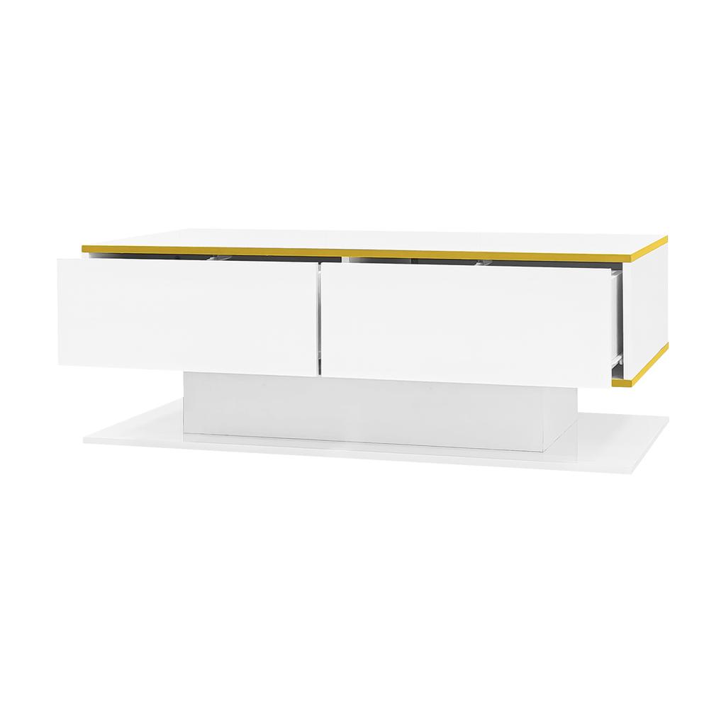 Modern LED Coffee Table with High Gloss, 100 cm Long, Gold Trim, 3 Drawers & USB LED Light Strip (Adapter/Power Bank Required)