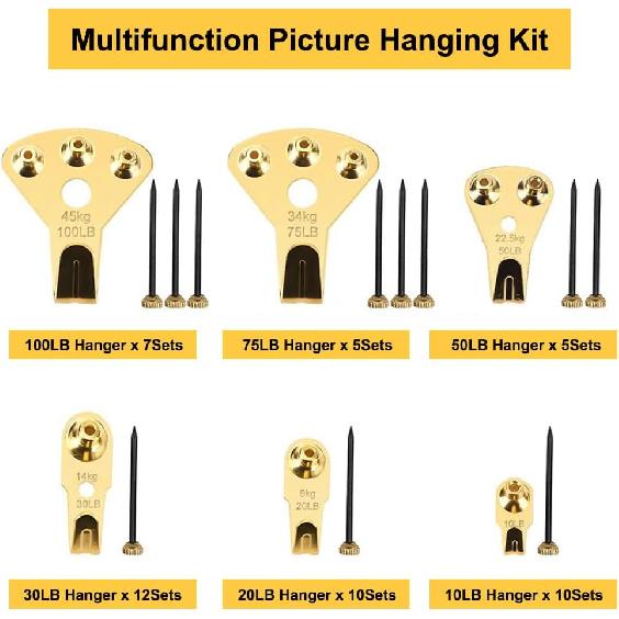 

125 Pcs Heavy Duty Picture Hanging Kit With Nails for Wooden/Drywall - Professional Hangers for Canvas, Office Pictures, Clock, House Decoration -