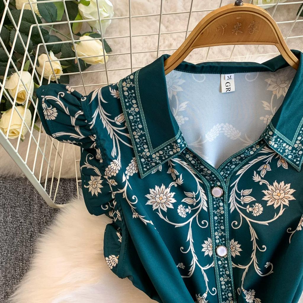 Abito Chemisier da Donna Vintage con Stampa Floreale, Vestibilità Slim, con Cintura, Moda Estiva, Maniche a Sbuffo, Monopetto, Elegante, Casual