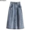 MODIQUE 2025 Neue Plus Size Sommer Damen Casual Vintage A-Linie High Waist Denim Langer Rock Damen Loose Solid Color Distressed Blue Rock