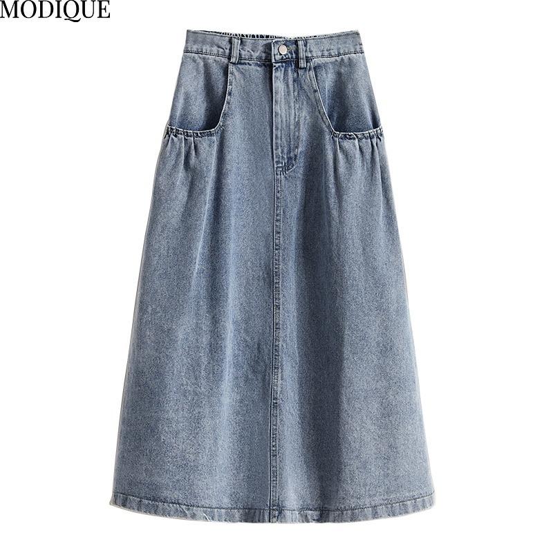 MODIQUE 2025 New Plus Size Summer Women Casual Vintage A-Line Fusta lungă din denim cu talie înaltă Doamnelor largi culoare solidă Fusta albastru învechită