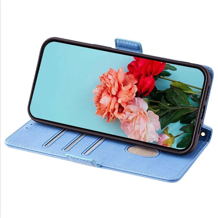 For TCL 505 Wallet Case Anti-Scratch PU Leather Card Slots Phone Cover with Straps - Blue