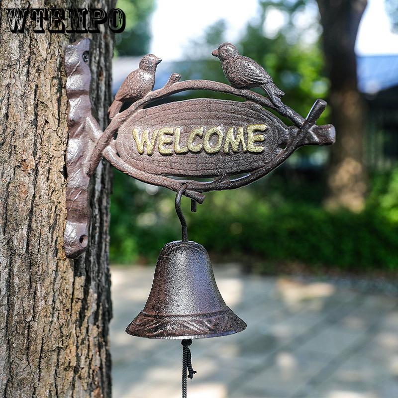 WTEMPO Retro Iron WELCOME Couple Birds Bell Vintage Hanging Hand-cranked Bell Bar Villa Garden Cafe and Farm Bell