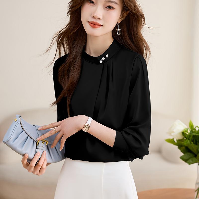 Damen Blusen Hemden 2025 Frühling Langarm Damen Bluse Hemd Rundhals Weiß Schwarz Chiffon Bluse Hemd Damen Oberteile J834