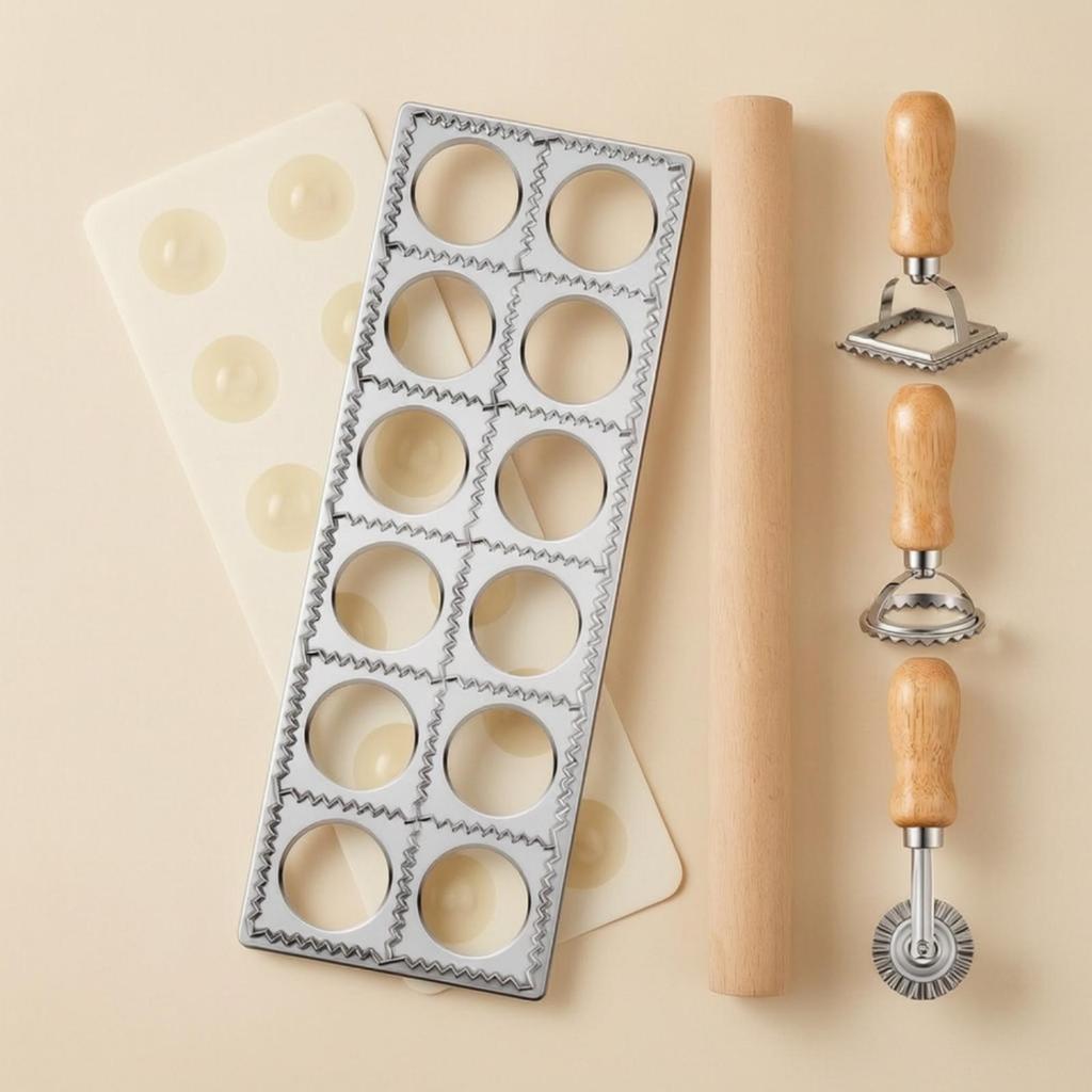 5 Pieces Wood and Stainless Steel Pasta Tool Set Wooden-Handled Board with