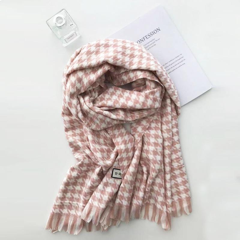 Versatile Houndstooth Check Cashmere Scarf Winter New Cute Girl Student Scarf Couple Korean Version Pink