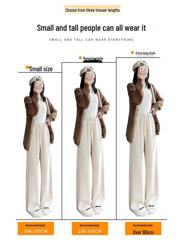 2026 Fall/Winter Off-White High-Waisted Cashmere Wide-Leg Pants with Velvet, Casual Floor-Length for Women