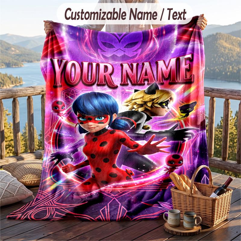 Coperta in Flanella Miraculous Ladybug, Testo con Nome Personalizzato, Morbida Calda Coperta Plaid in Peluche per Regalo