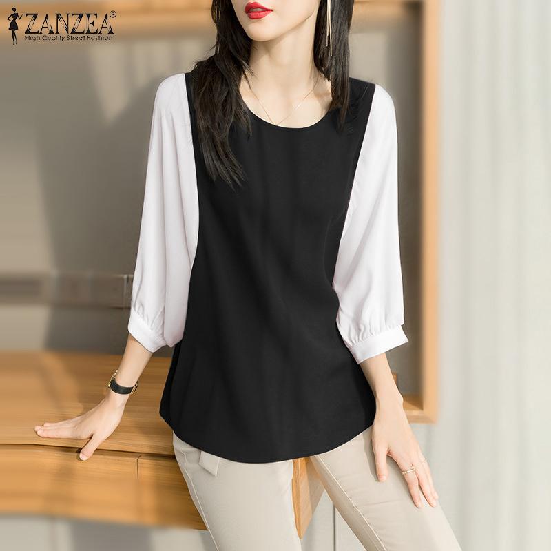 

ZANZEA Женская повседневная блузка с круглым вырезом и длинными рукавами, топы