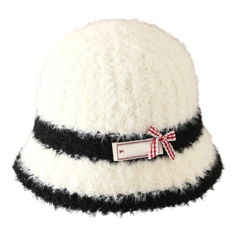 

Пушистая панама с бантом в клетку для активного отдыха на природе, теплая, большого размера, головной убор на зиму M белый