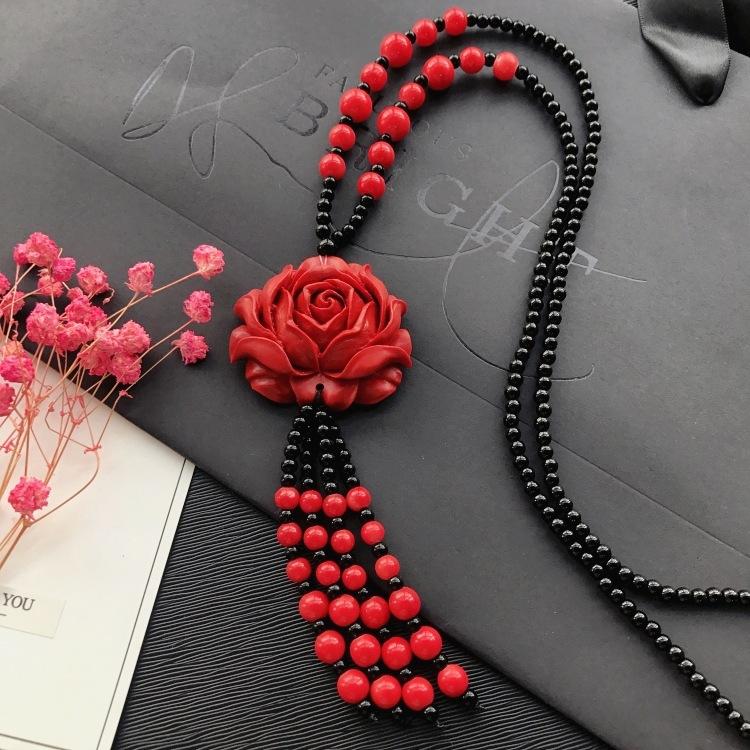 New Vintage Versatile Red Cinnabar Sweater Chain Natural Long Female Rose Necklace Pendant Accessories
