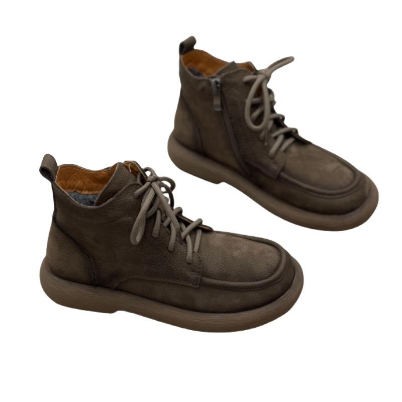 Fashion GKTINOO Retro Handmade Genuine Leather Plush Short Boots 2024 Winter New Round Toe Flat Bottom Side Zipper Warm Women's Shoes