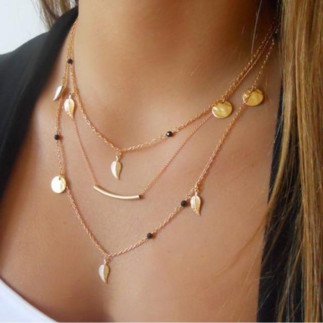 Vintage Multilayer Crystal Pendant Necklace Women Gold Color Beads Moon Star Horn Crescent Choker Necklaces Jewelry New