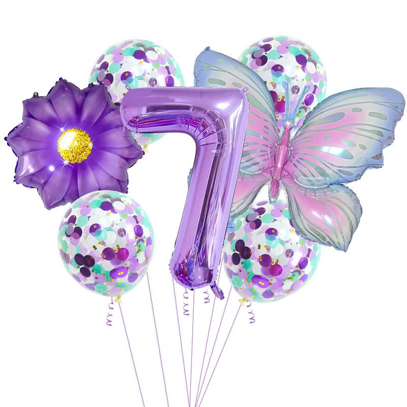 Purple And Pink Butterfly Balloon Set, Chrysanthemum Aluminum Film Confetti Balloon, Baby Rain Party Arrangement