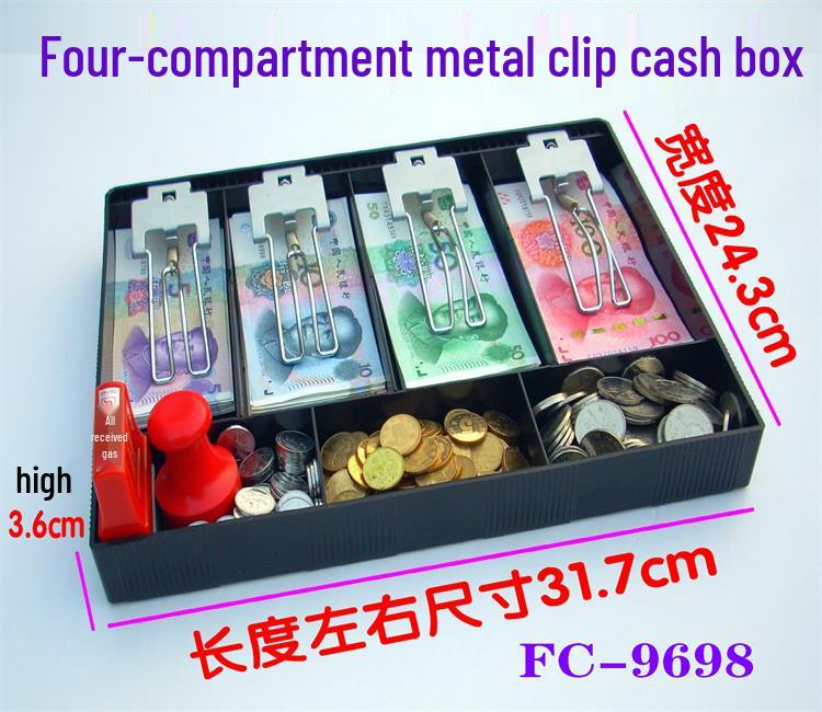 Kassenschublade mit fünf Fächern und Metallklammern