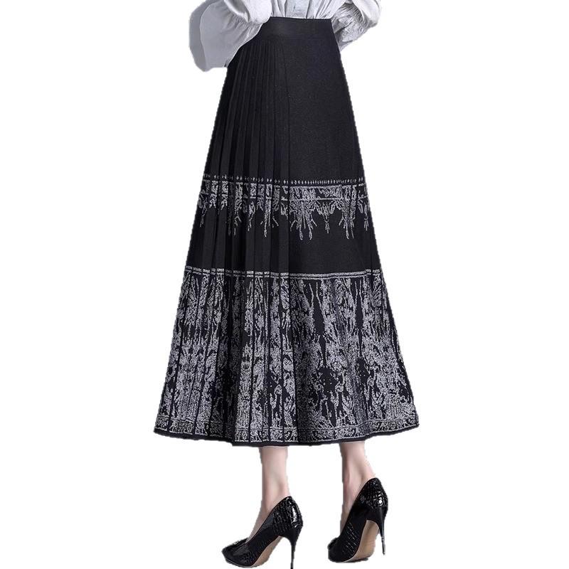 Chinese National Style Wool Mid-Length Pleated Skirt - Autumn/Winter Slimming Retro Knit for Women