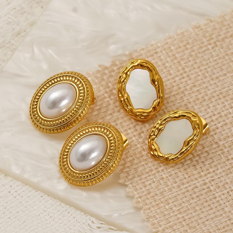 European Retro Titanium Pearl Oval High-End Earrings for Women