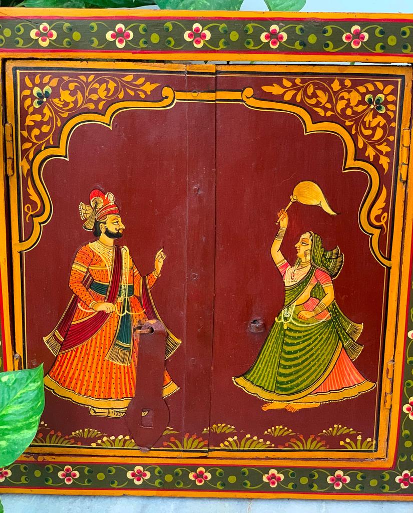 Antique Painted Indian Jharokha Window: Royal King Wall Hanging