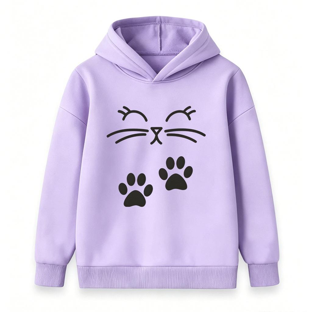 Kids Unisex Boys Girls Pullover Hoodie, Cute Cat Face Paw Print Sweatshirt, Casual Soft Long Sleeve Hooded Top for Daily Wear School Outdoor Activitie