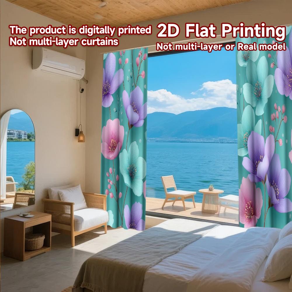 2D FLAT PRINTING 2pcs Curtains (Without Rod) Floral Pattern On Teal Background Holiday April Fools Is Day Printed Curtains
