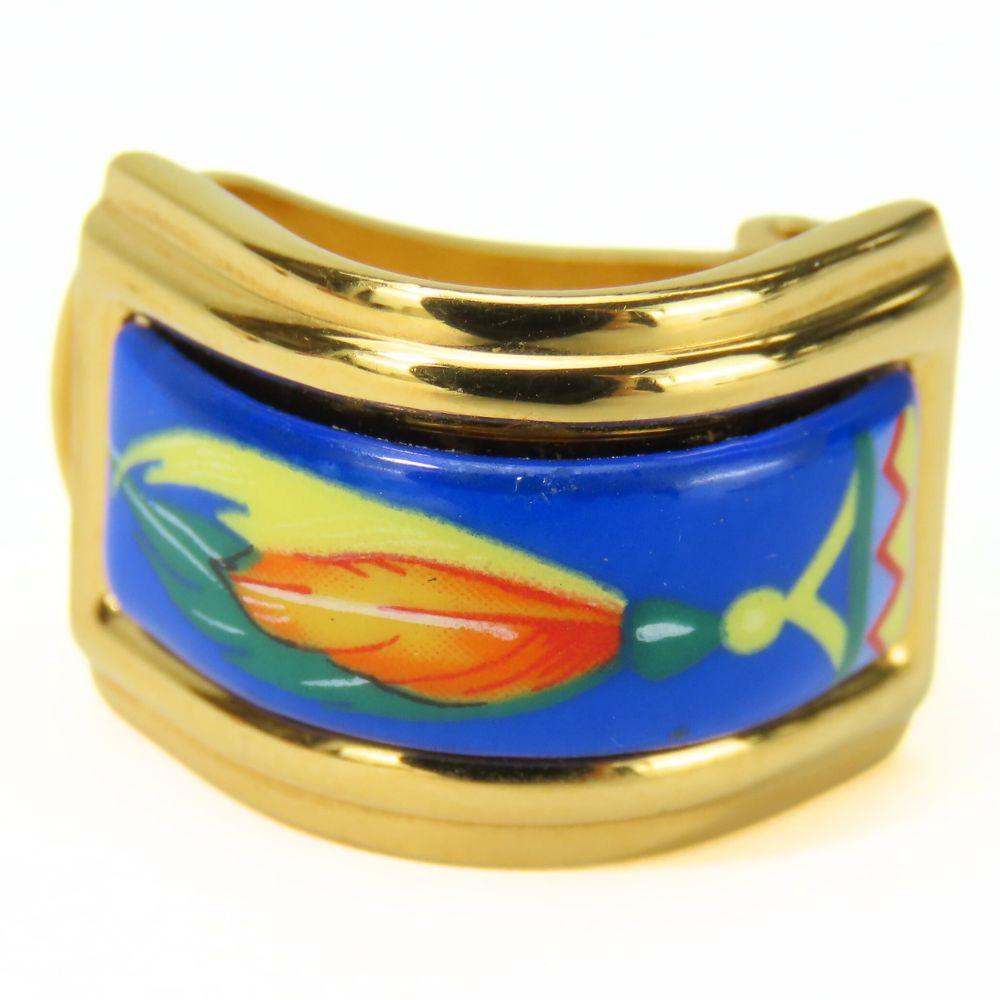 Used HERMES Earring Emile Feather Pattern Metal 15.3g Blue Multicolor Plating