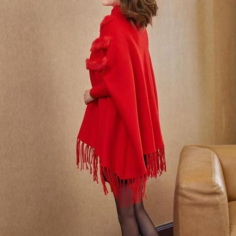 Nová podzimní a zimní svetr bunda pro ženy volný střih nadměrná velikost vysoký krk šálová pláštěnka třásně netopýří úpletová bunda