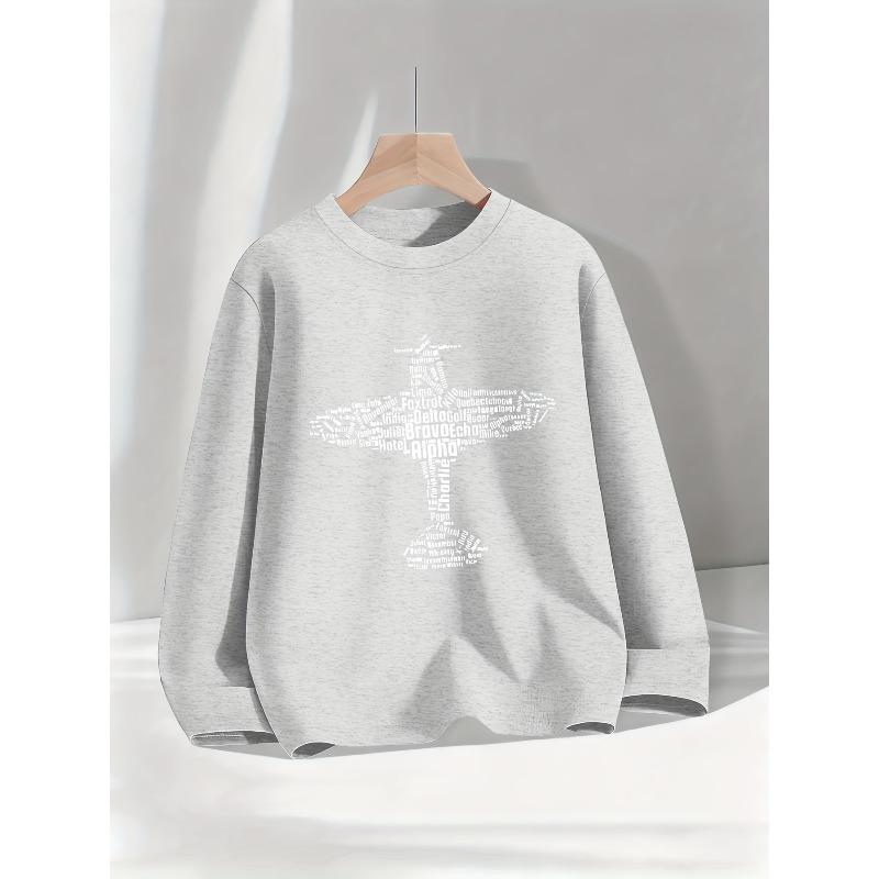 Kids Print Sweatshirt Casual Stylish Round Neck Long Sleeve T-Shirt with Creative Text And Airplane Shape Print