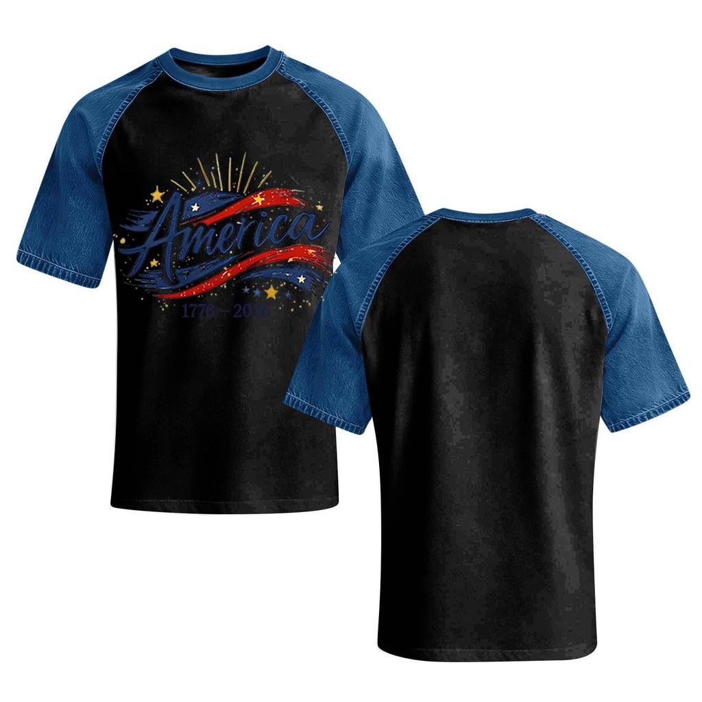 Women's Casual Short Sleeve T-Shirt Denim Patchwork Top 250th Independence Day Graphic Print Comfortable Fit Relaxed Style