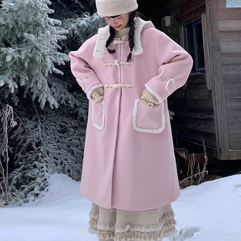 Luxurious Milk Yellow Woolen Coat with Horn Buckle - Stylish Mid-Length Design for Autumn/Winter Small