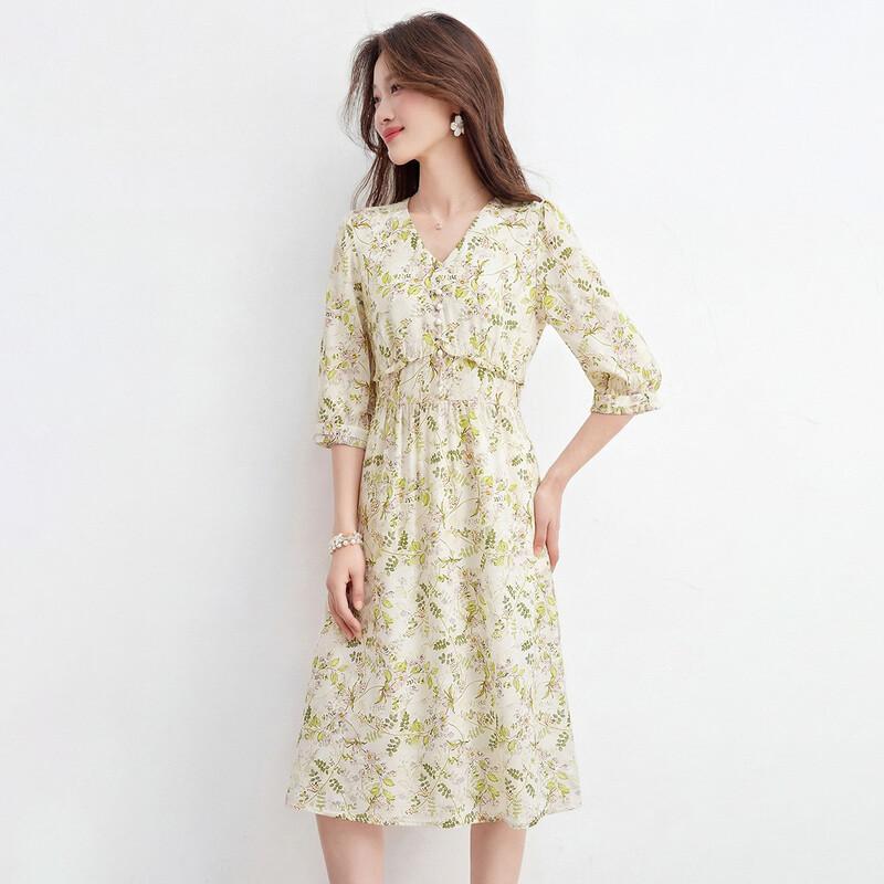 Srcr 92% Mulberry Silk French Chic Printed V-Neck Dress