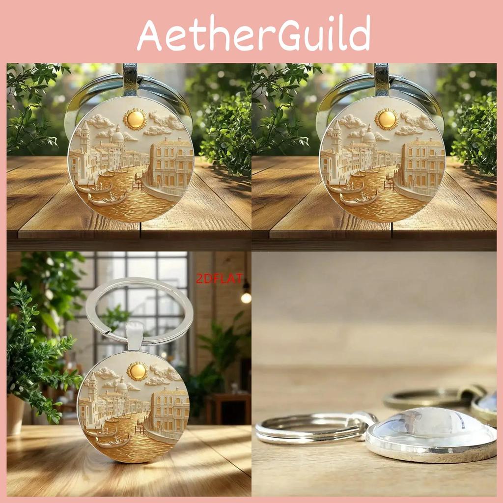 Venetian Water City Glass Pendant Keychain With Zinc Alloy Keyring For Gift Giving