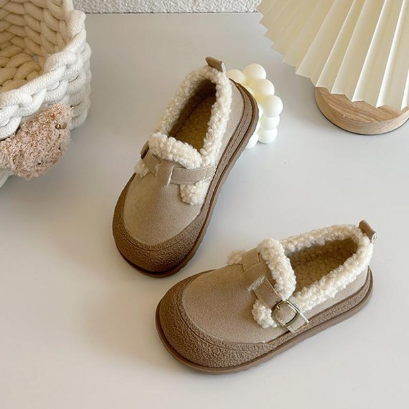 Korean Style Plush Warm Fur Shoes for Girls Soft Sole Small Leather Shoes for Boys Lightweight Moccasins
