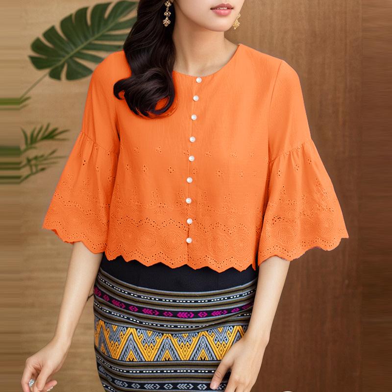 

ZANZEA Женская повседневная блузка с круглым вырезом и рукавами 3/4, свободного кроя, с вышивкой 4XL оранжевый