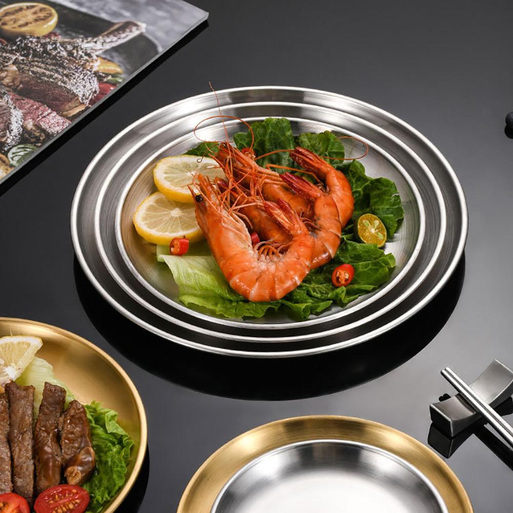 8PC Metal Dining Dish Stainless Steel Round Plate Shallow Tray 14/17/20/23/26cm BBQ Picnic Camping Food Container Tableware Set
