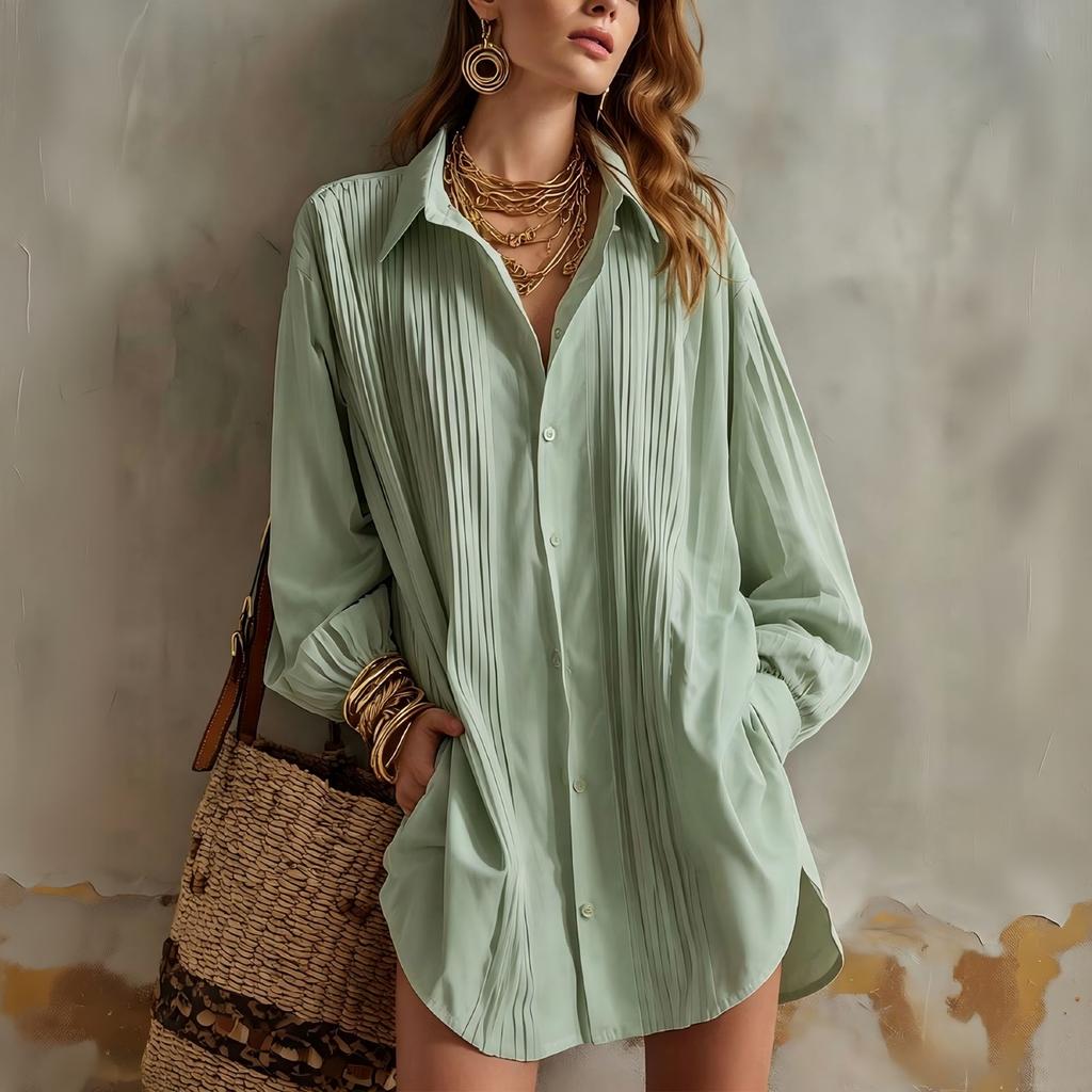 Women's Pleated Lapel Blouse Loose Fit Versatile Top for Work Commute and Daily Wear