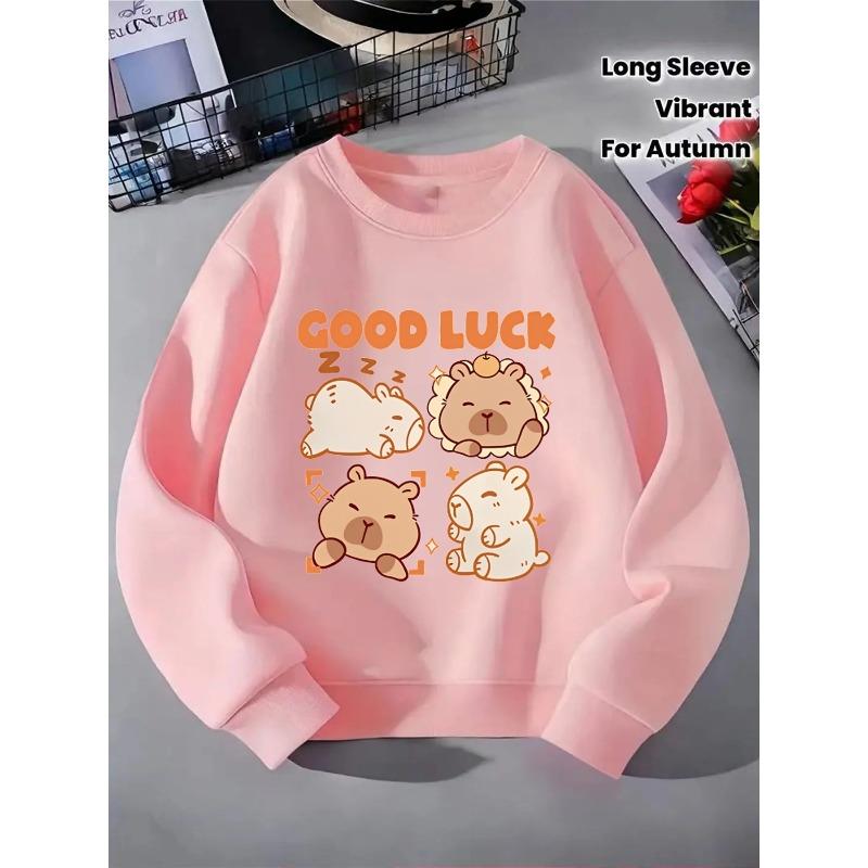 Girls Crewneck Sweatshirt - Cute Bear Good Luck Pattern Print Machine Washable, Spring And Autumn 110 розовый