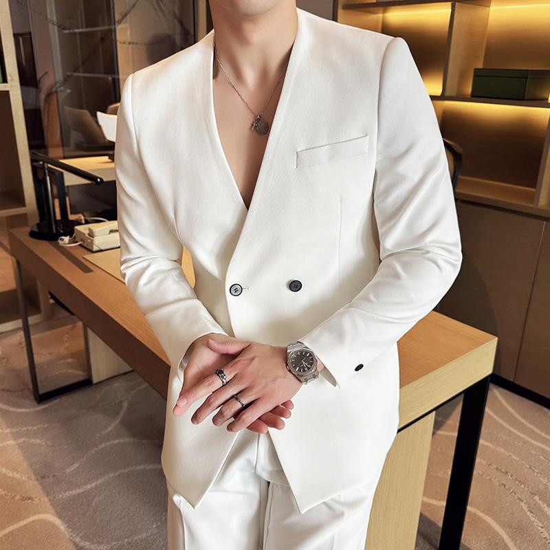 High Quality Fashion Men's Suit Coat Collarless Solid Wear Korean Style Slim Fit Blazers Tops Man