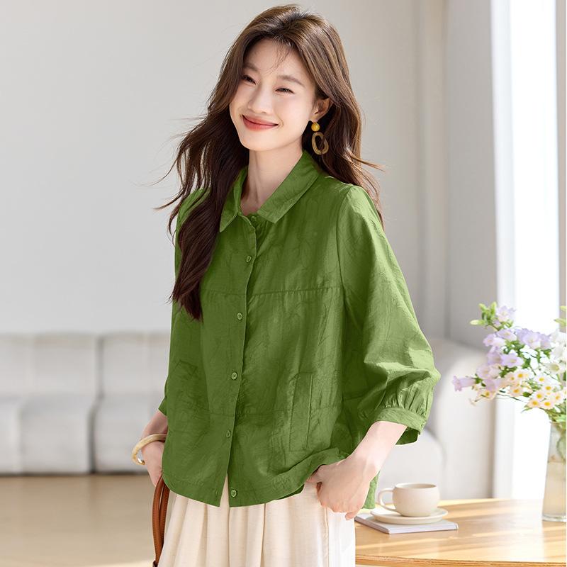 

Тенсел тонкая рубашка с рукавами три четверти женская летняя новая рубашка средняя повседневная темпераментная блузка XL зелёный