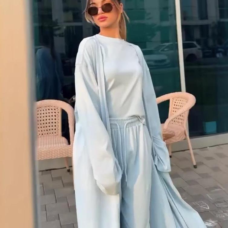 Autumn and Summer Season Comfortable and Versatile Commuting Daily Wide-leg Pants Waist and Thin Tight Top Jacket Three-piece Set