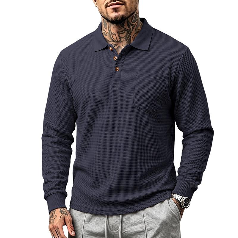 Men S Waffle Knit Long Sleeve Polo Shirt Casual Autumn