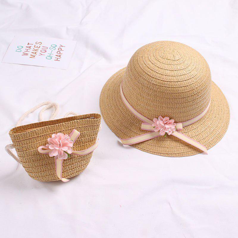 Sun Straw Hat Kids Girls Large Wide Brim Travel Beach Cap Sweet Flower Bowknot Sun for Protection Hat with Shoul