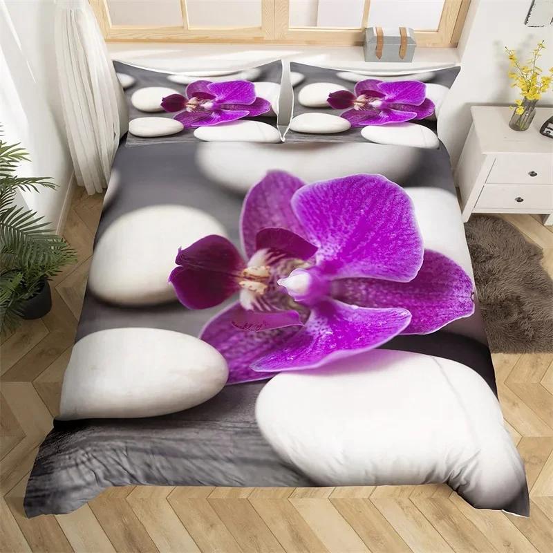 Zen Stones Duvet Cover Bamboo Phalaenopsis Bedding Set Meditation Quilt Cover Microfiber Tranquil Nature Artwork Bedspread Cover