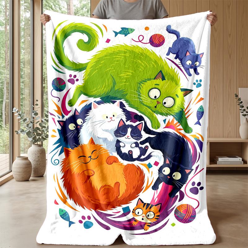 Colorful Cats Pattern blanket Personalized Name Flannel Blanket Soft Cozy Plush Throw for Sofa Bed Lightweight Home Decor