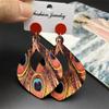 Bohemian Ethnic Peacock Feather Pattern Wooden Earrings for Women Vintage Long Hollow Water Drop Earring Vacation Casual Jewelry