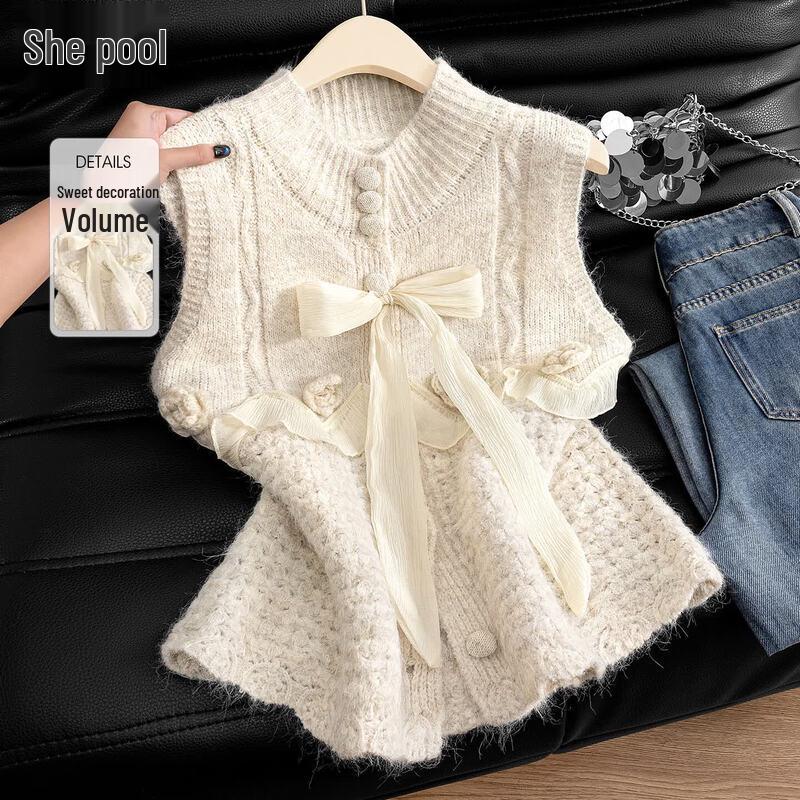 Shechi Women's Sweet Bowknot Knitted Vest with 3D Floral Lace