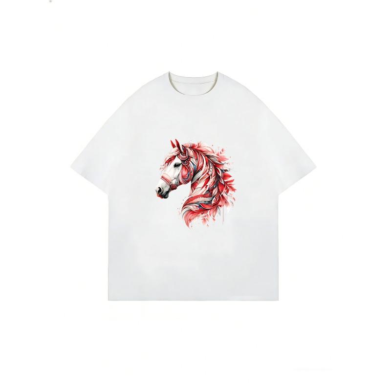 Übergroßes T-Shirt Schwarzer Pferdekopf mit rotem Blumendesign Lässige Streetwear für Damen