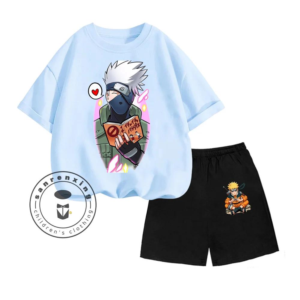 Unique NARUTO Animated Cartoon Character Vertical Print Design O-neck Skin-friendly Short Sleeve and Shorts Kids Two-piece Set