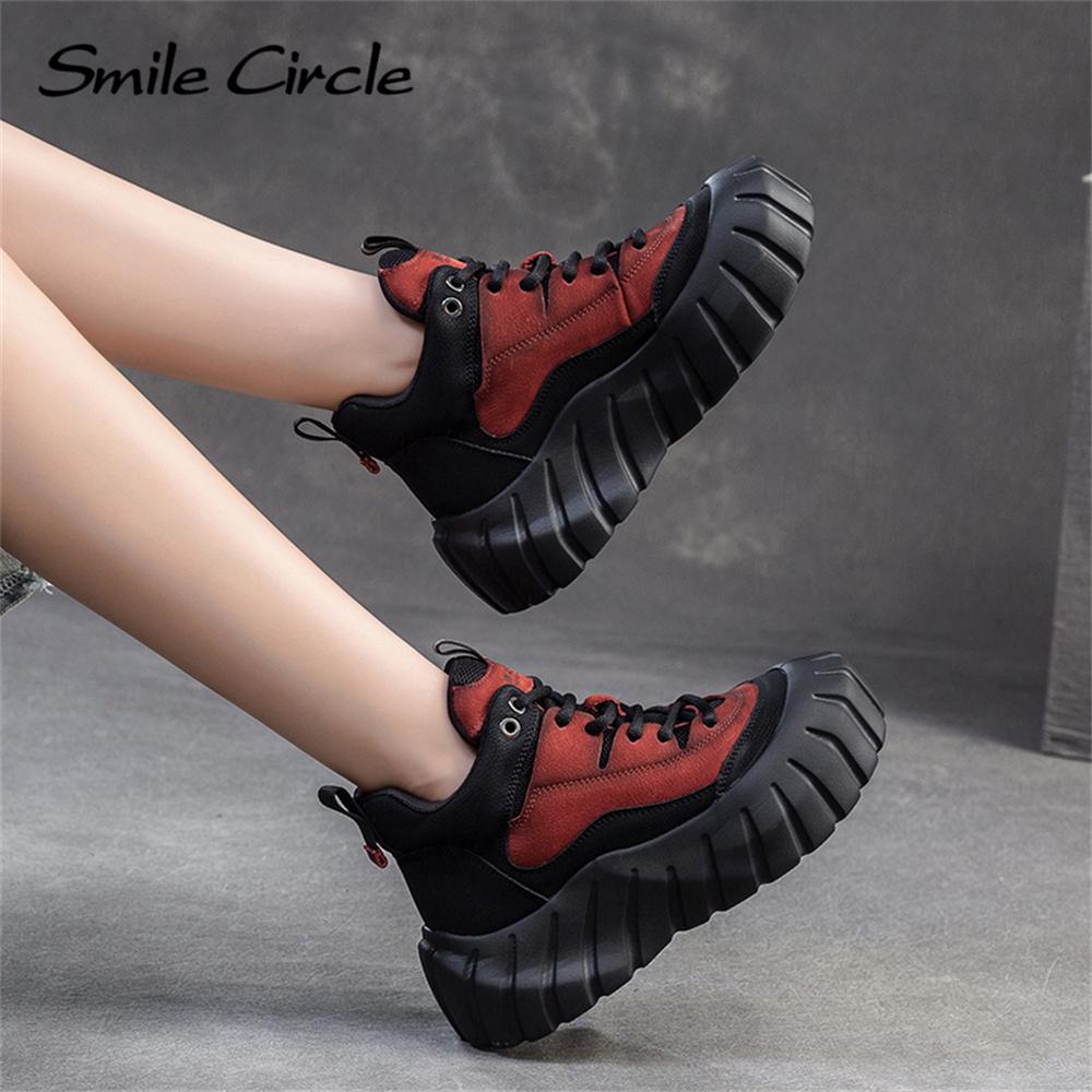 Damen Sneakers aus echtem Leder mit runder Spitze und dicker Unterseite, bequeme modische Freizeitschuhe